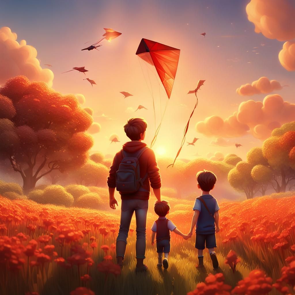 Father and Son Flying Kite at Golden Hour