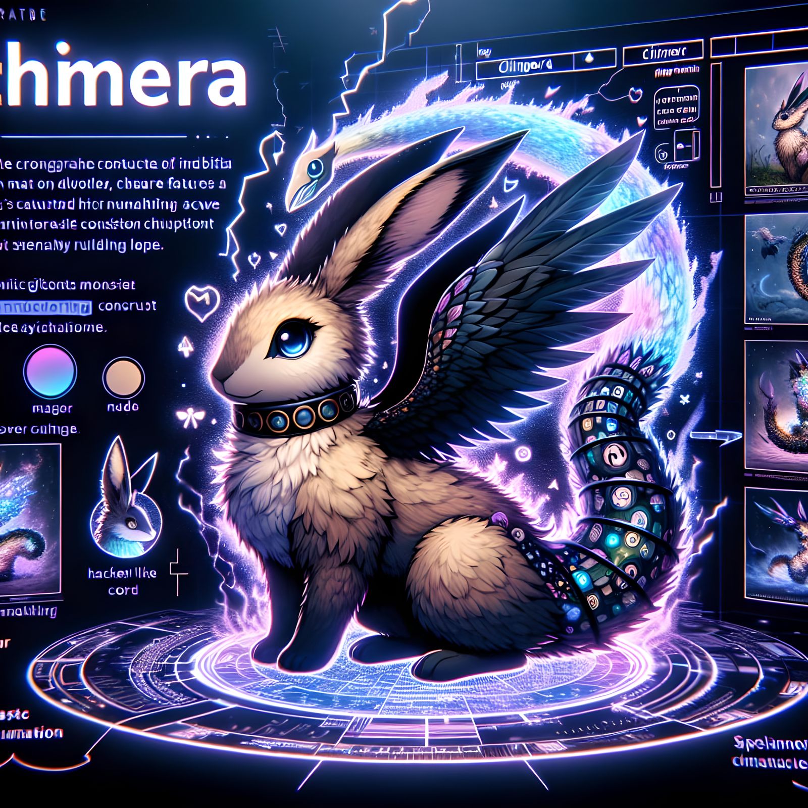 Rabbit-Snake-Crow Chimera Hologram in Anime Style