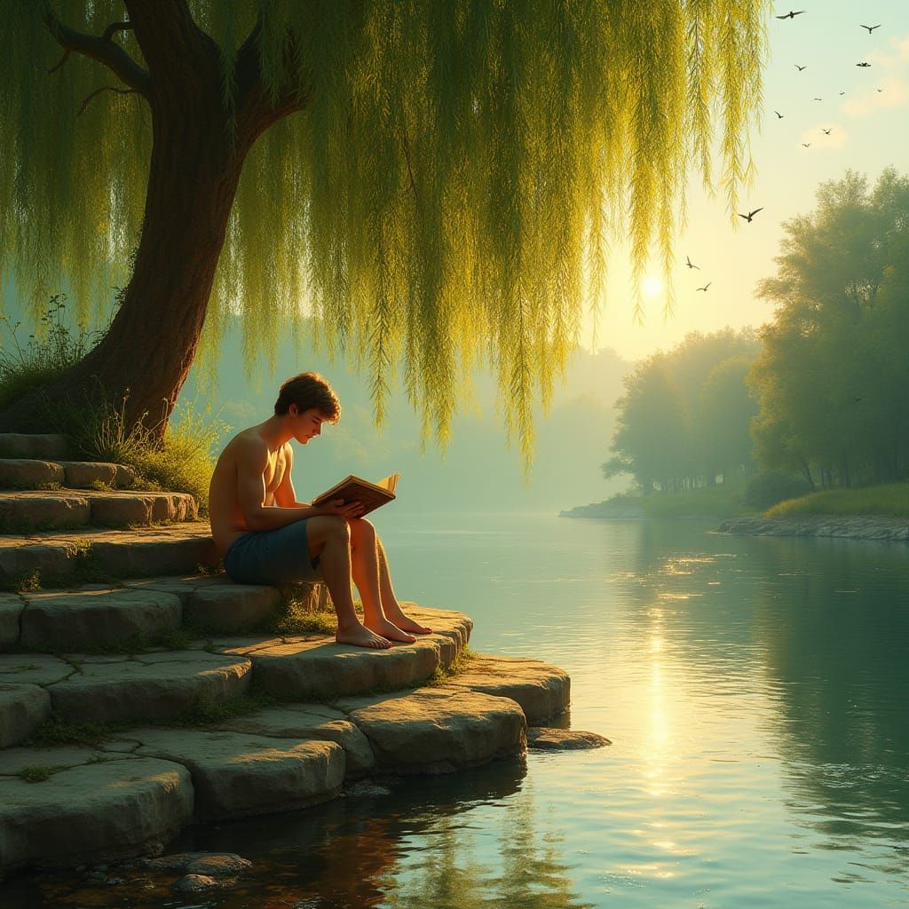 Riverside Reader in Golden Light: An Impressionistic Scene