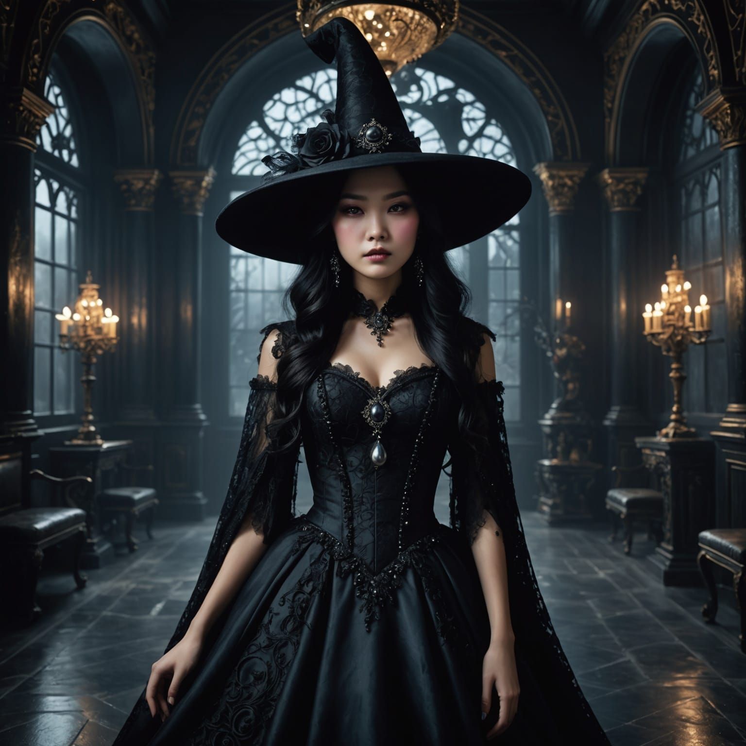 Teenage Asian Witch in Gothic Dress, Matte Painting