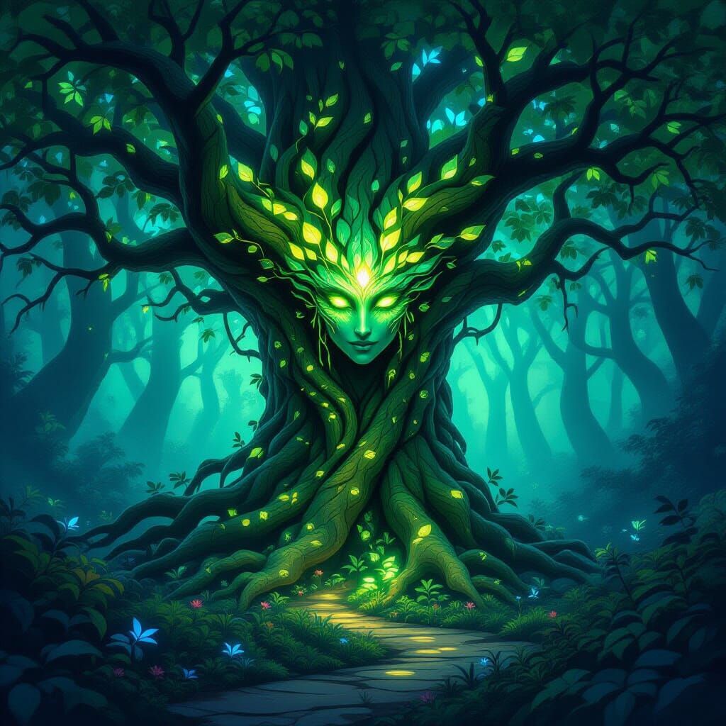 Mysterious Forest Spirit Emerging From Ancient Tree