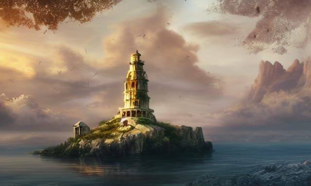 Island Tower at Golden Hour: Digital Matte Painting