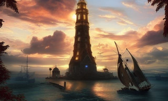Island Tower and Boat at Sea: Digital Matte Painting
