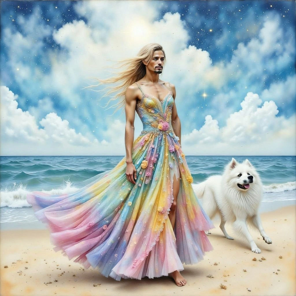 Man in Rainbow Dress on Beach with Dog