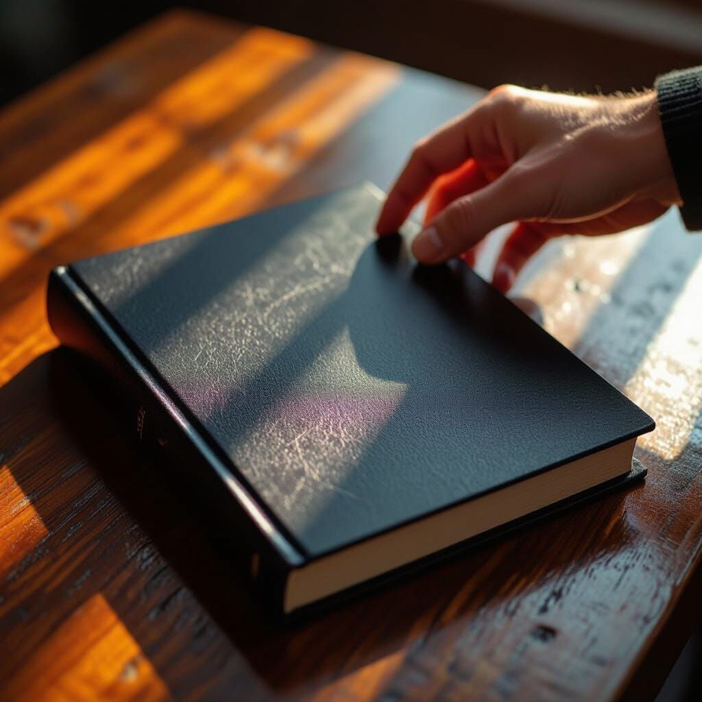 Book Reflection and Reaching Hand in Dramatic Light
