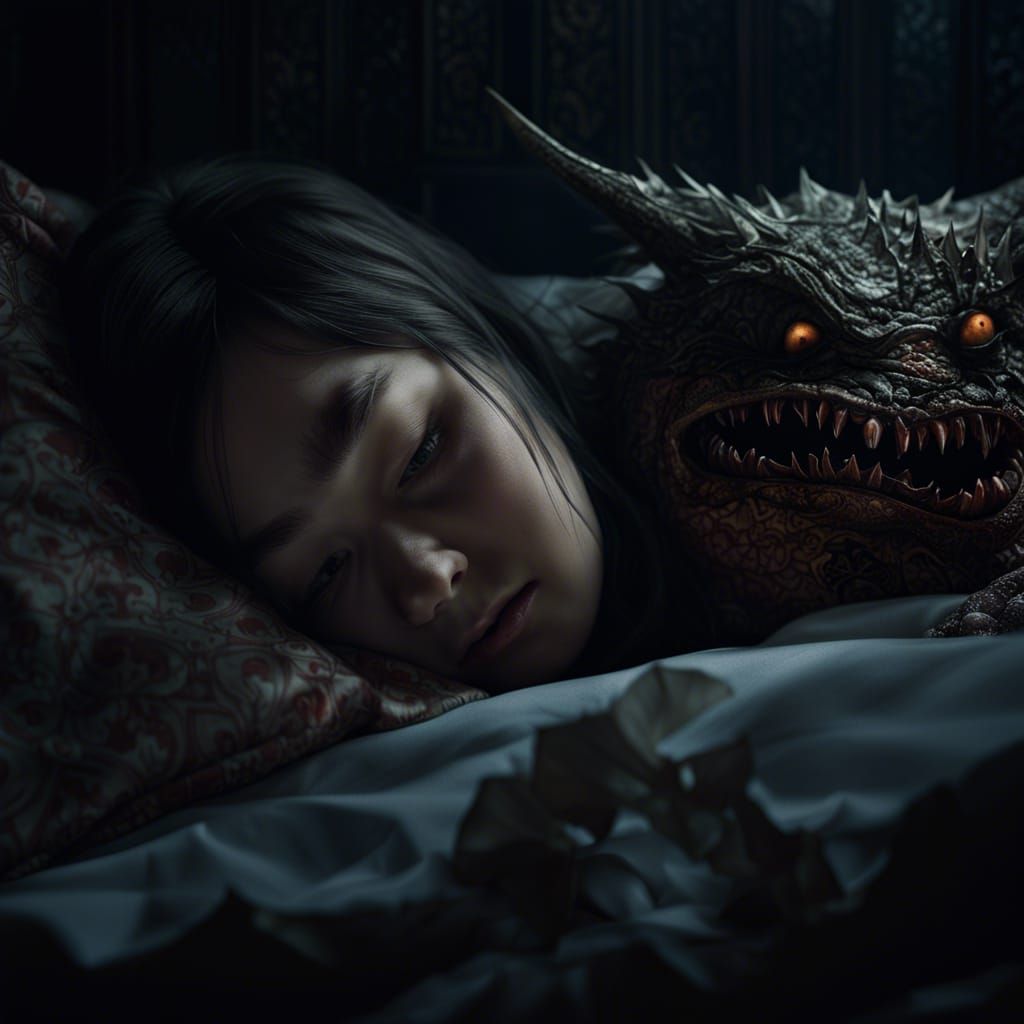 Eerie Horror: Girl Asleep, Monster Lurking
