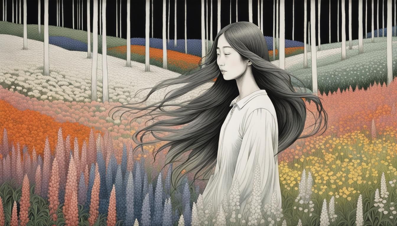 Woman in Lupine Field: Etching with Warped Perspective