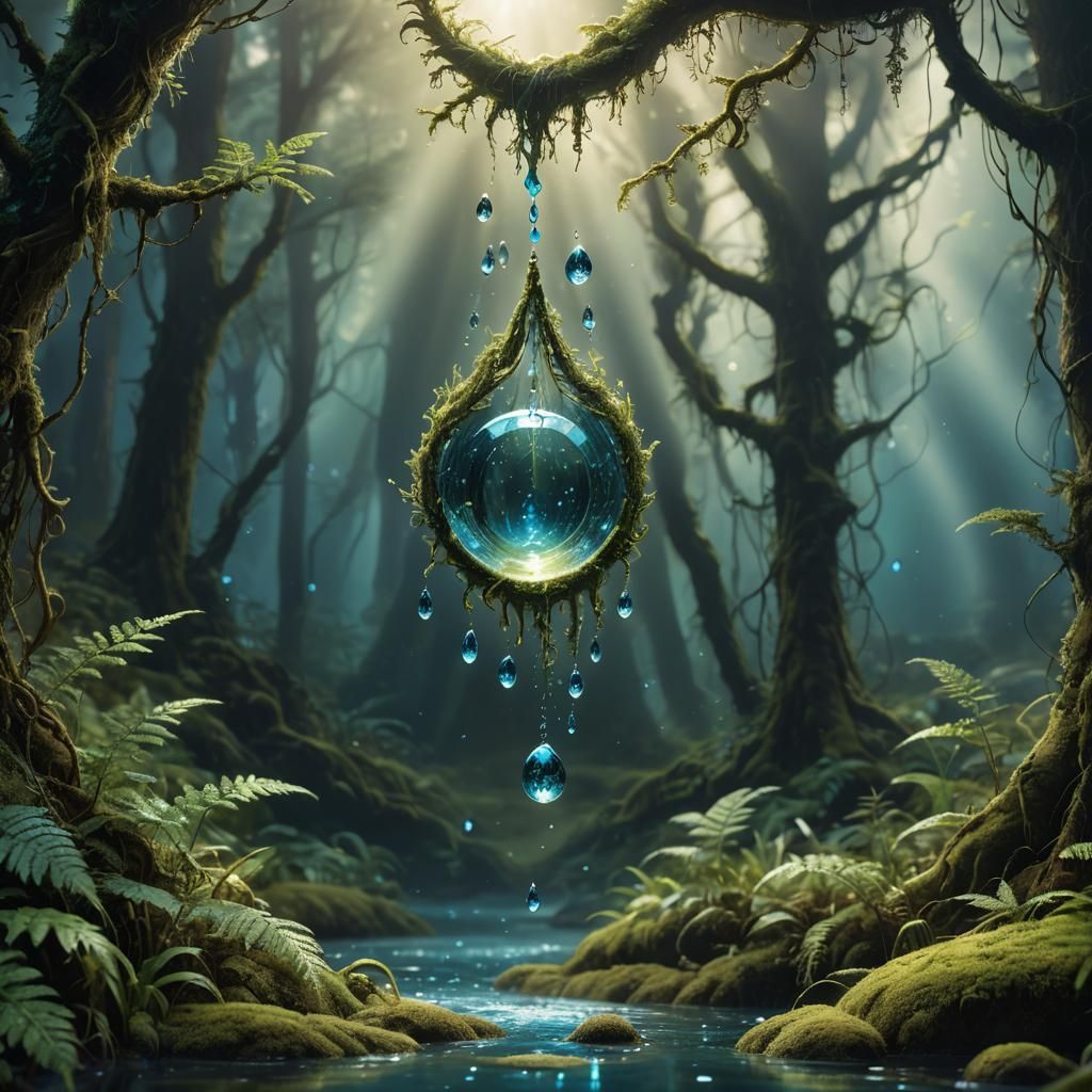 Mystical Water Droplet in Ancient Forest: Fantasy Art