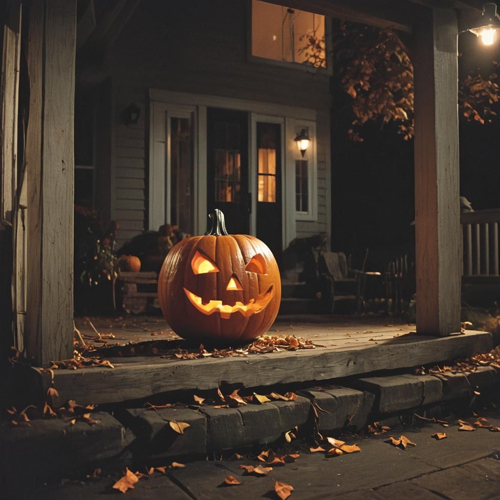 Halloween Pumpkin on Porch in Film Noir Style