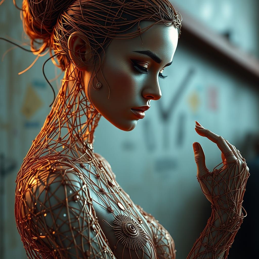 Hyperrealistic Copper Wire Woman Sculpture