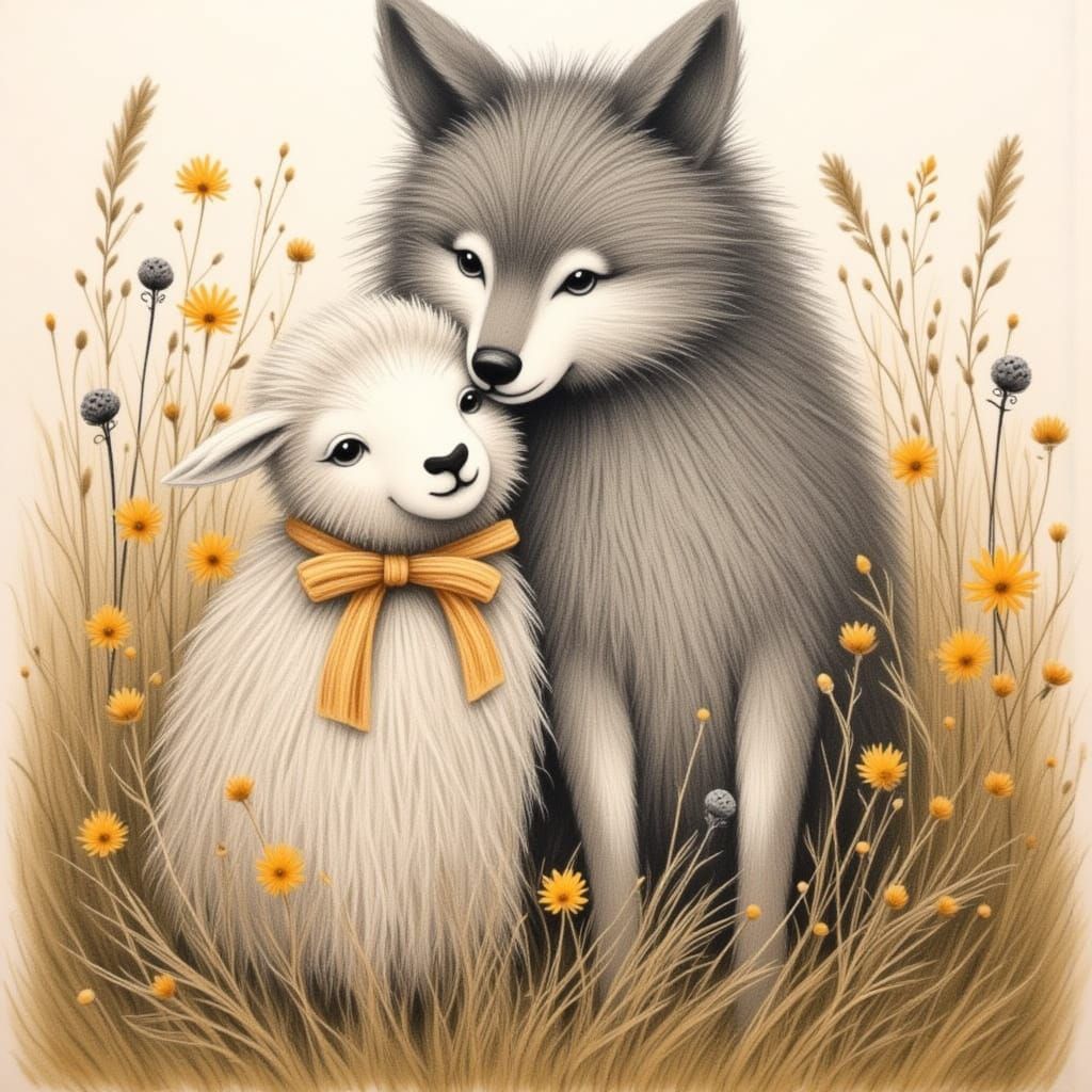 Fluffy Lamb Rests on Gentle Wolf in Wildflower Meadow