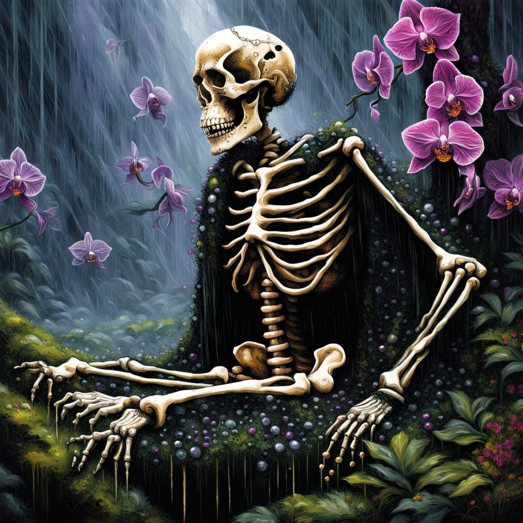 Beaded Skeleton Adorned with Moss and Orchids