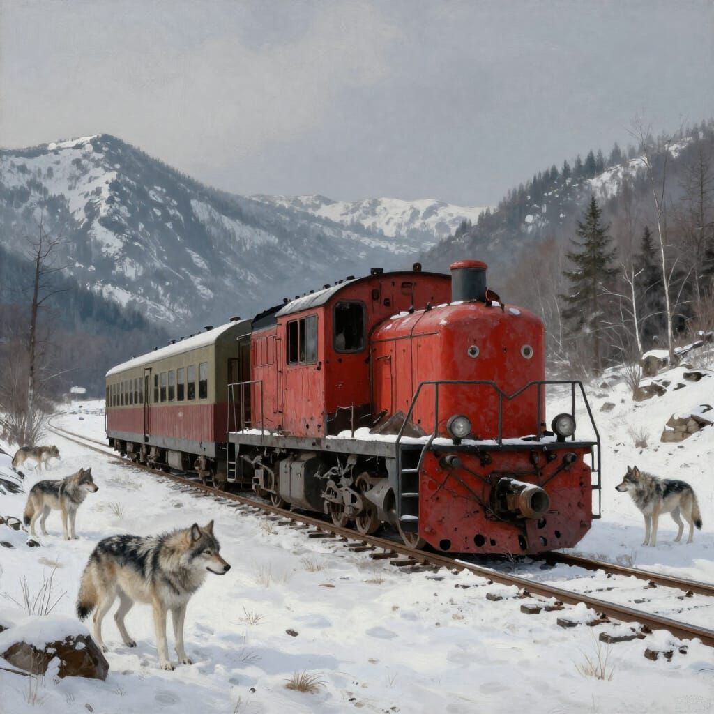 Abandoned Train and Wolves in Snowy Mountains