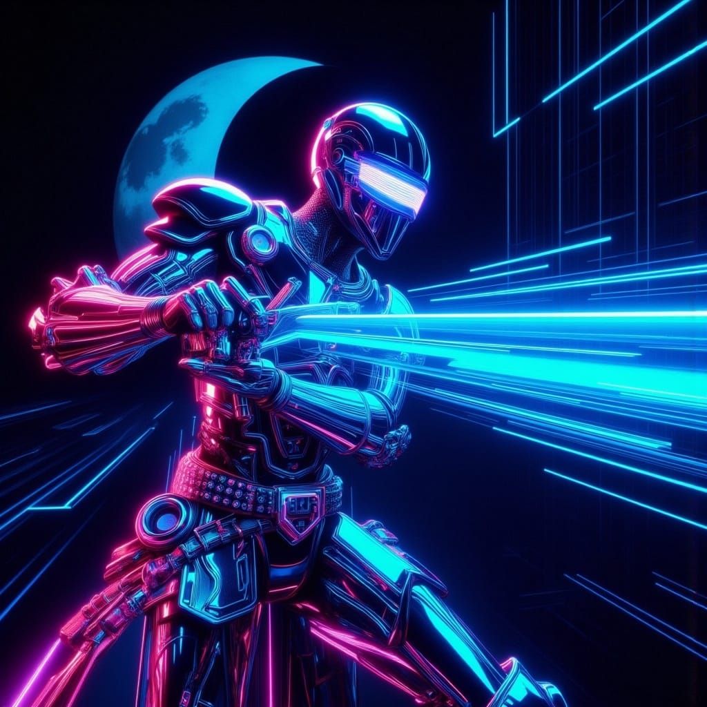 Futuristic Knight in Neon Armor with Energy Sword