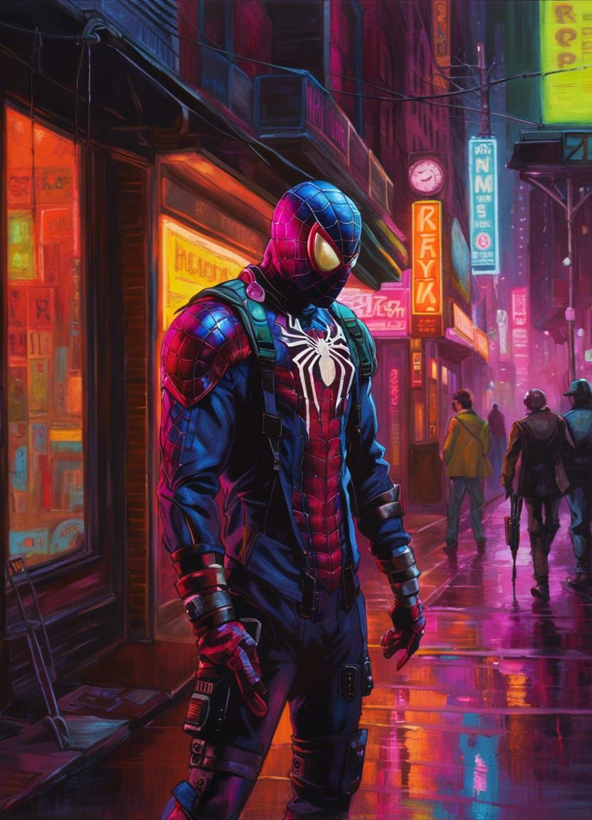 Cyborg Spider-Man in Neon Punk City, Tempera Painting