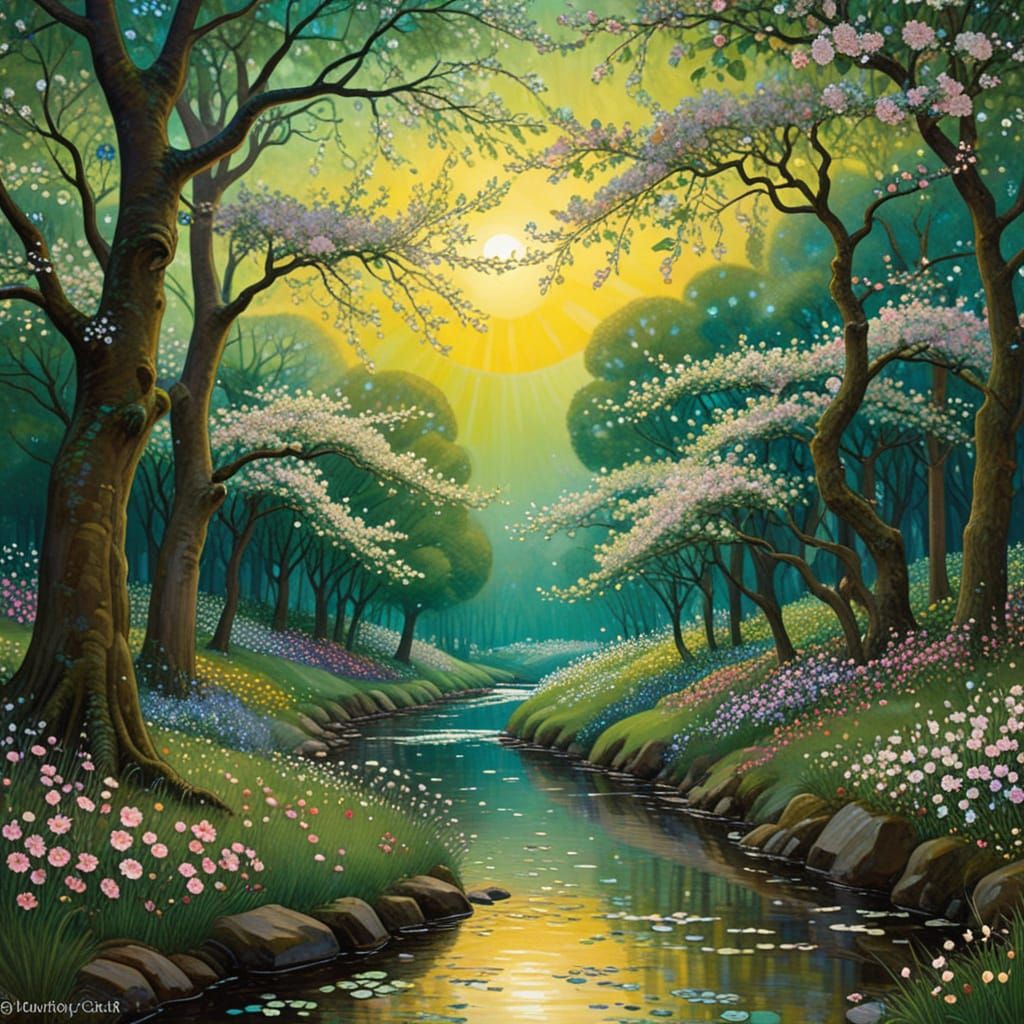 Whimsical Apple Blossom Garden in Intricate Art Nouveau Styl...