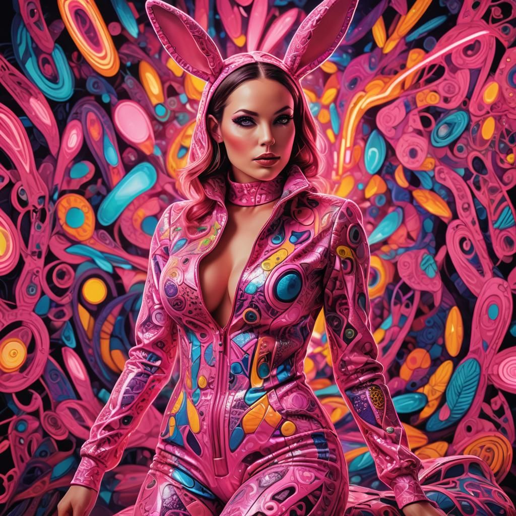 Model in Bunny Suit with Neon Lighting, Surreal Art