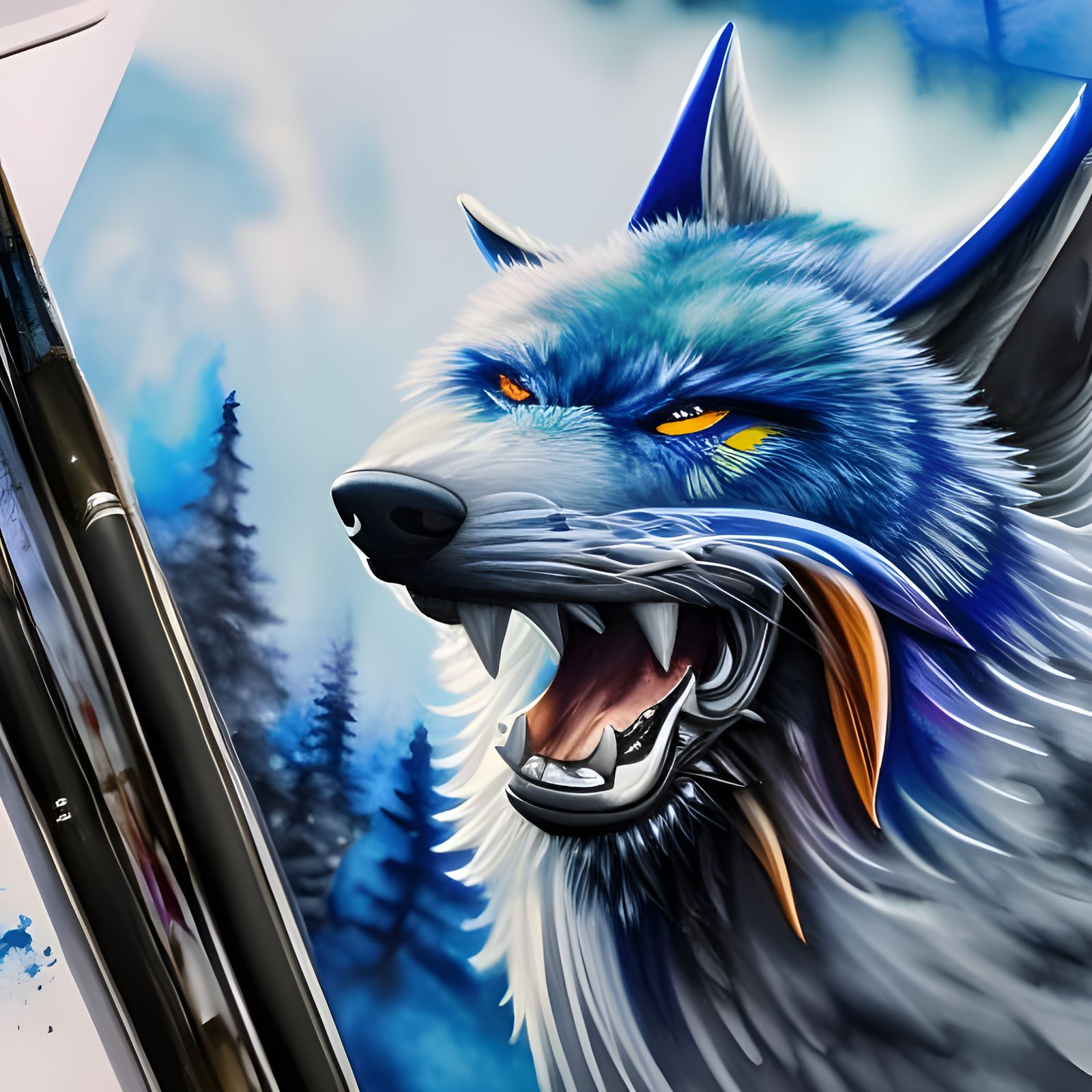 Blue Wolves in Battle, Watercolor Style