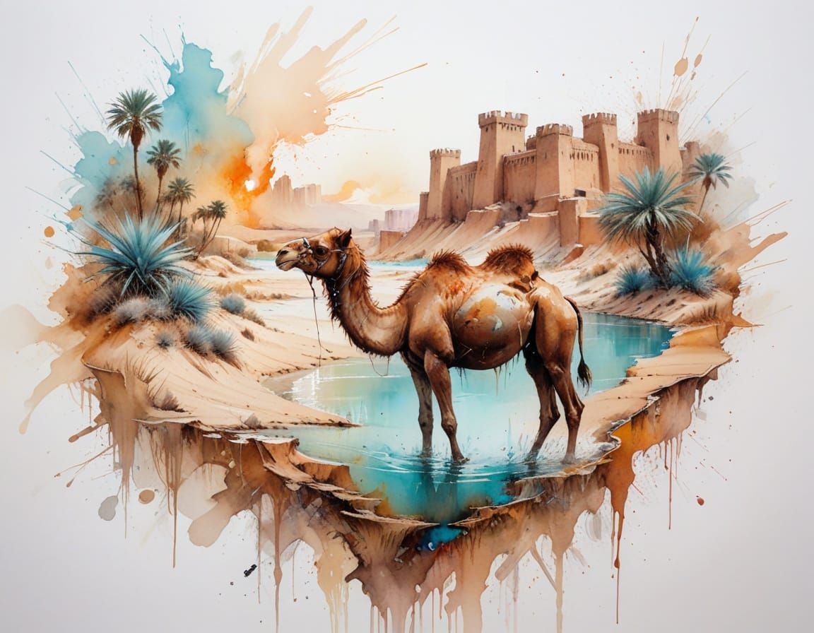 Desert Kasbahs Reflected in Oasis Pool at Sunset