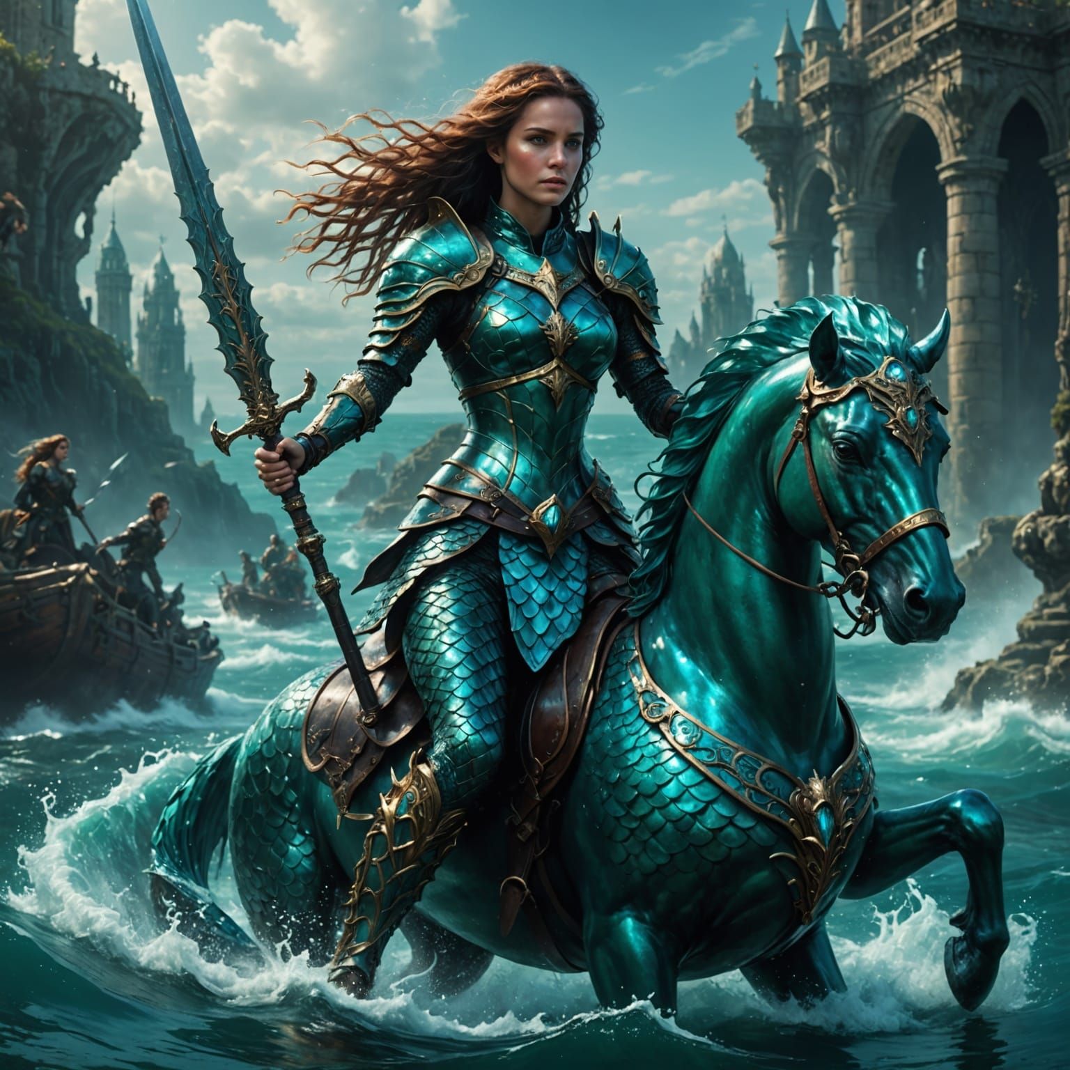 Mermaid in Turquoise Plate Armor, Riding a Majestic Sea Hors...