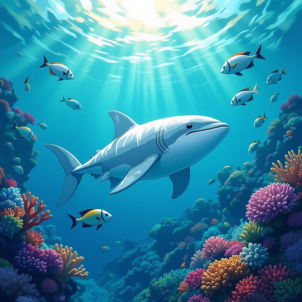 Great White Shark in Vibrant Coral Reef, Anime Style