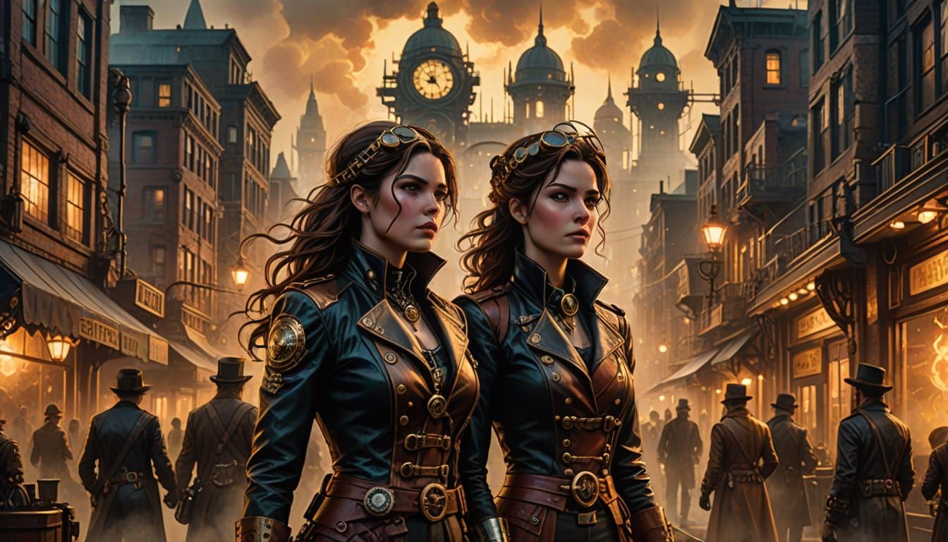 Steampunk Women in Gearwork Cityscape: Comic Book Art