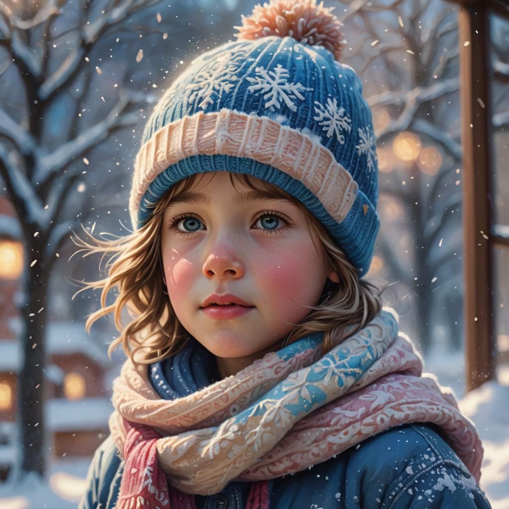 Hyperrealistic Child in Snow with Golden Light