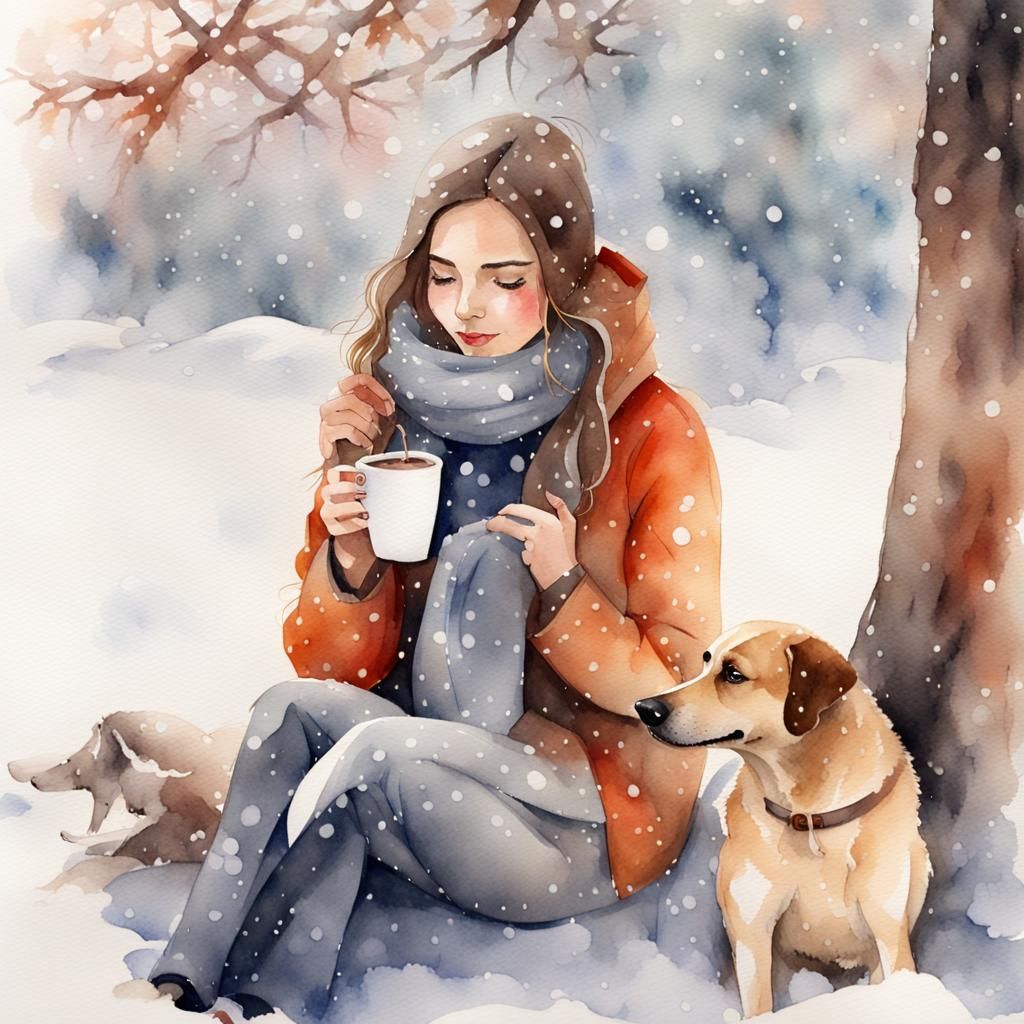 Girl Drinking Coffee in Snowy Watercolor Landscape