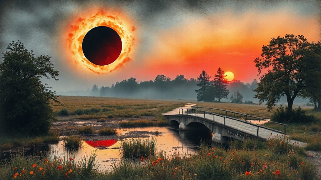 Ethereal Eclipse Over Swampy River in Watercolor Style