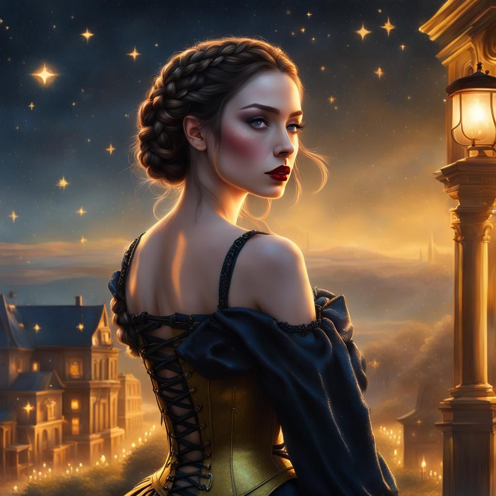 Gorgeous Belle in Yellow Corset Under Moonlight