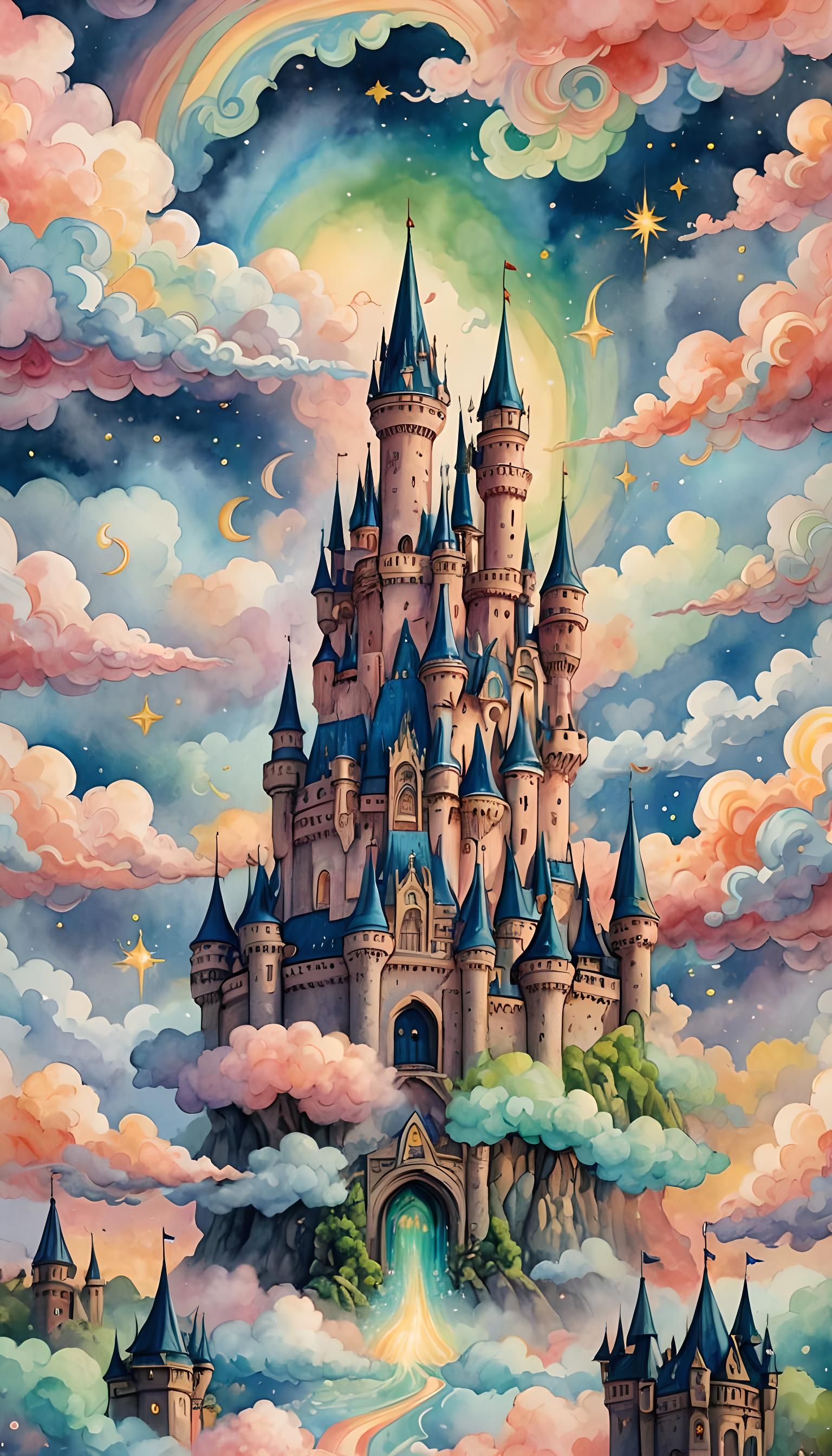 Psychedelic Rainbow Sky with Castle, Watercolor Impressionis...