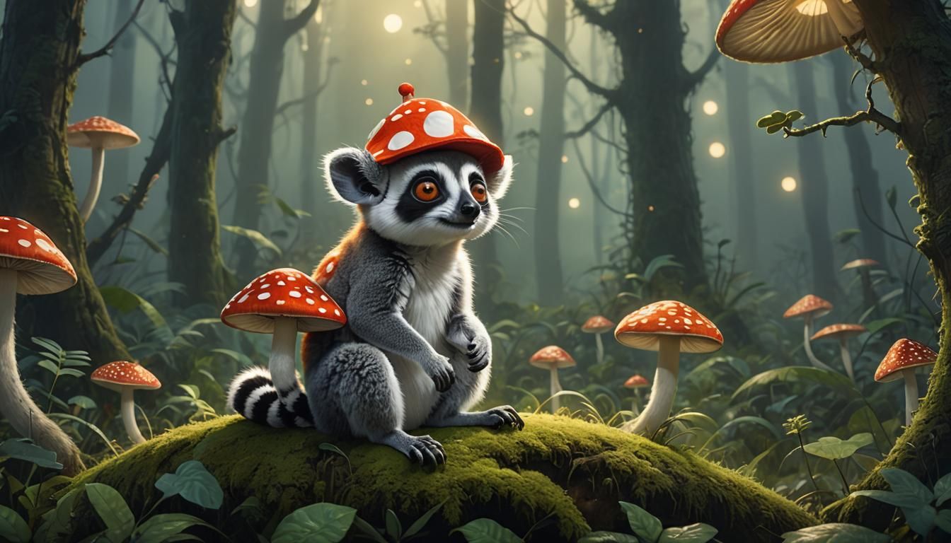 Lemur in Moonlit Forest Wearing Mushroom Hat