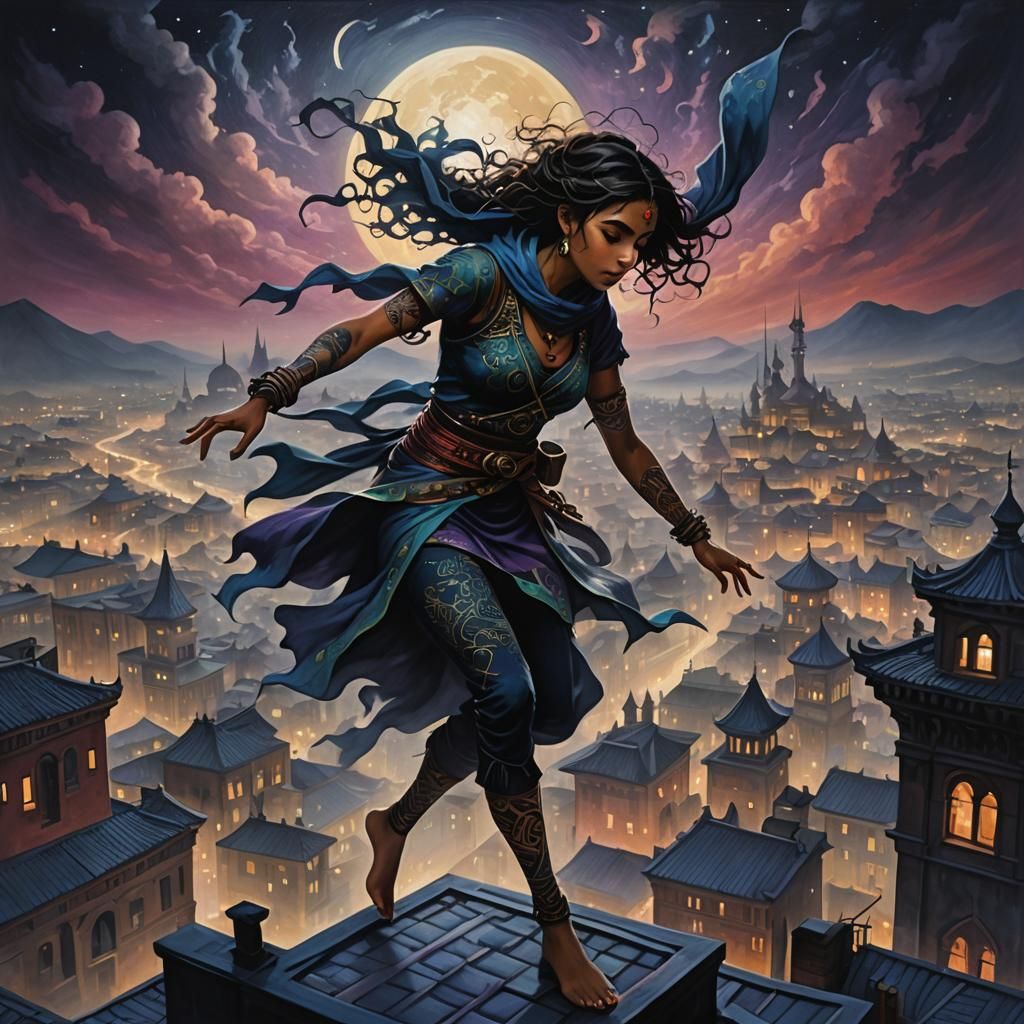 Inej Ghafa in Misty Fantasy City, Oil Painting