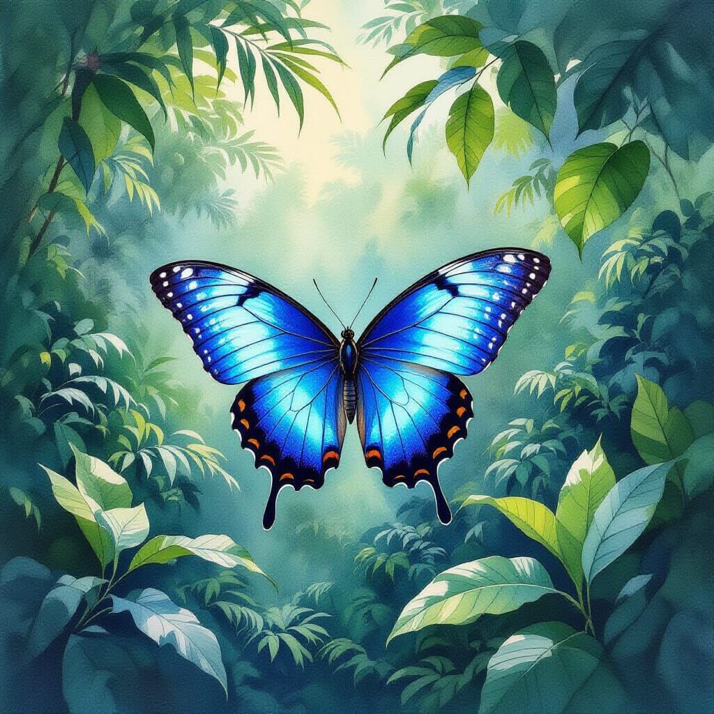 Brilliant Blue Morpho Butterfly in Lush Tropical Forest