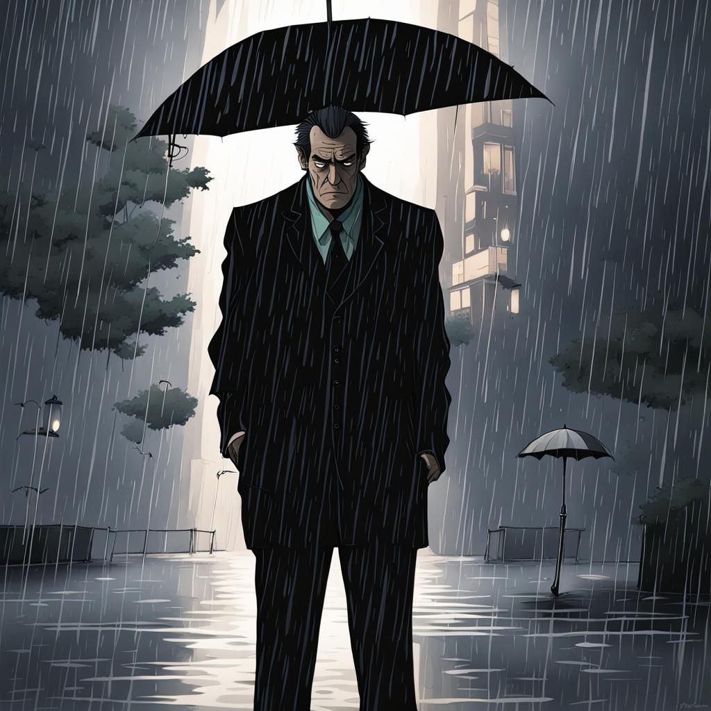 Melancholy Salesman in Rainy Anime Style