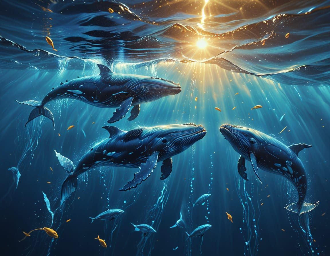 Majestic Whales in Bioluminescent Oil Painting Style
