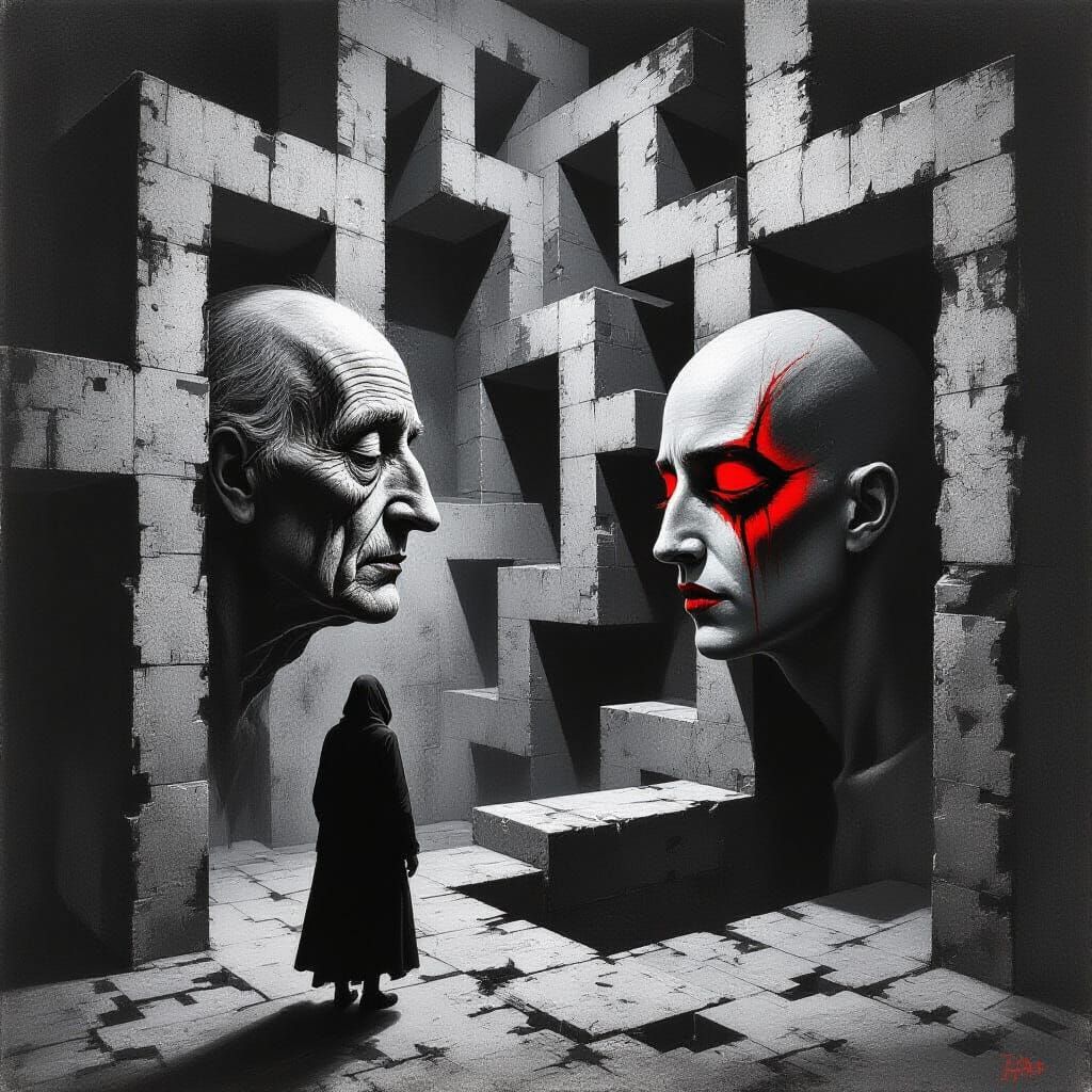 Dual-Faced Figure Trapped in Brutalist Maze in Dark Style