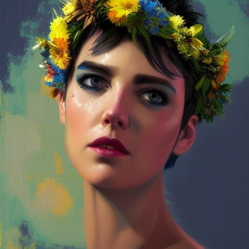 Punk Woman with Flower Crown in Street Art Style