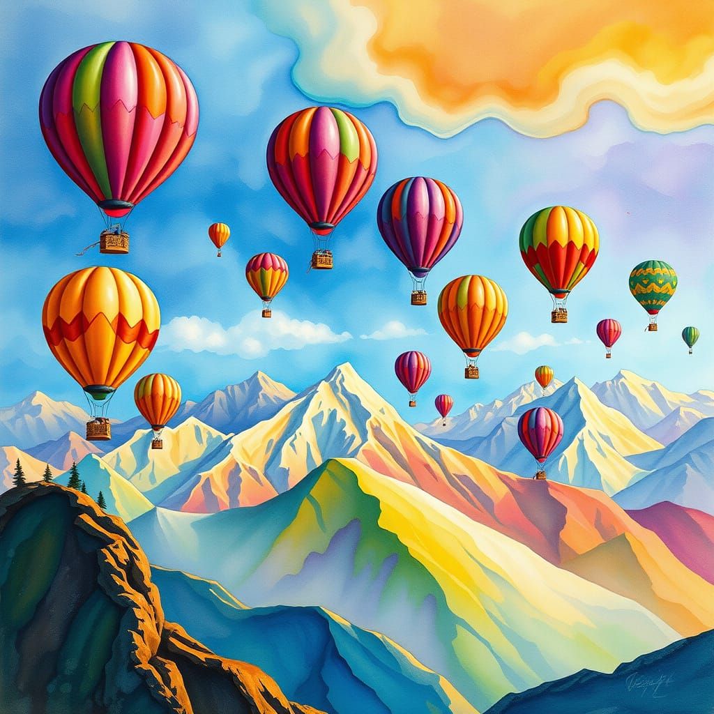 Colorful Balloons Float Over Himalayas: Gouache Art