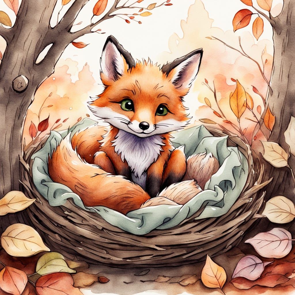 Charming Chibi Fox Storybook Illustration in Pastel Colors