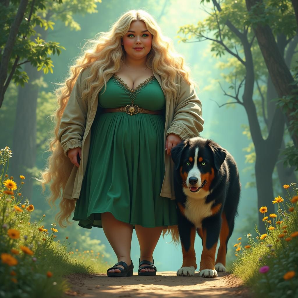 Woman Walking Dog in High-Fantasy Matte Painting