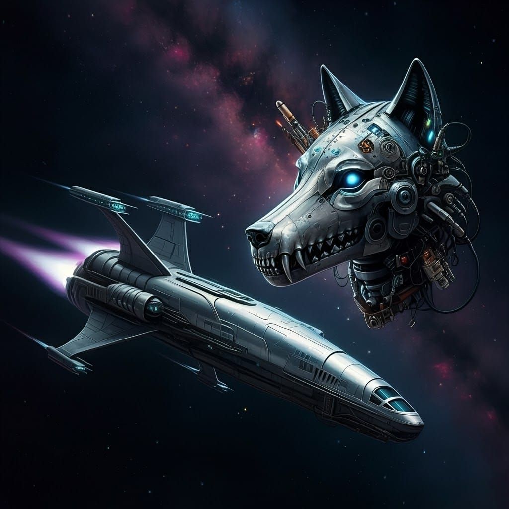 Mechanical Wolf Skull Repairs Spaceship in Space