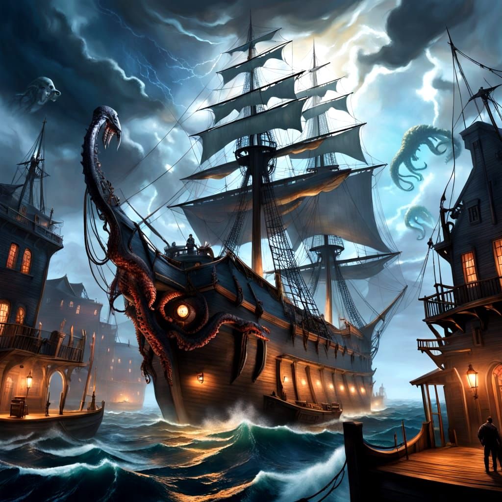 Kraken Emerges from Sunken City as Oil Painting