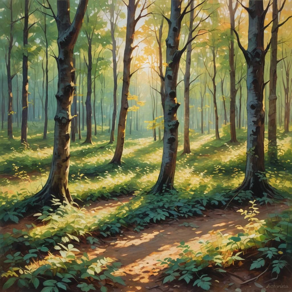 Impressionist Sunlight Through Trees in Forest Clearing
