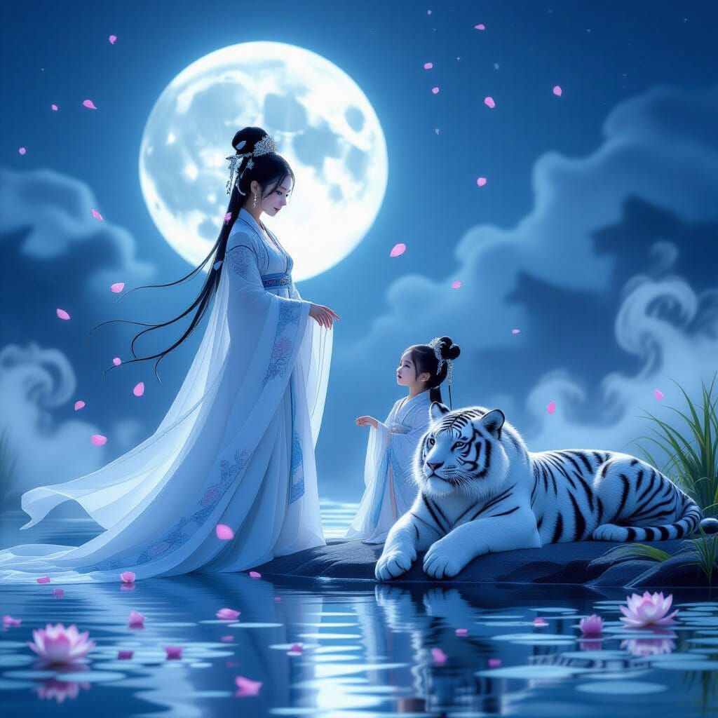 Ethereal Moonlit Princess with White Tiger