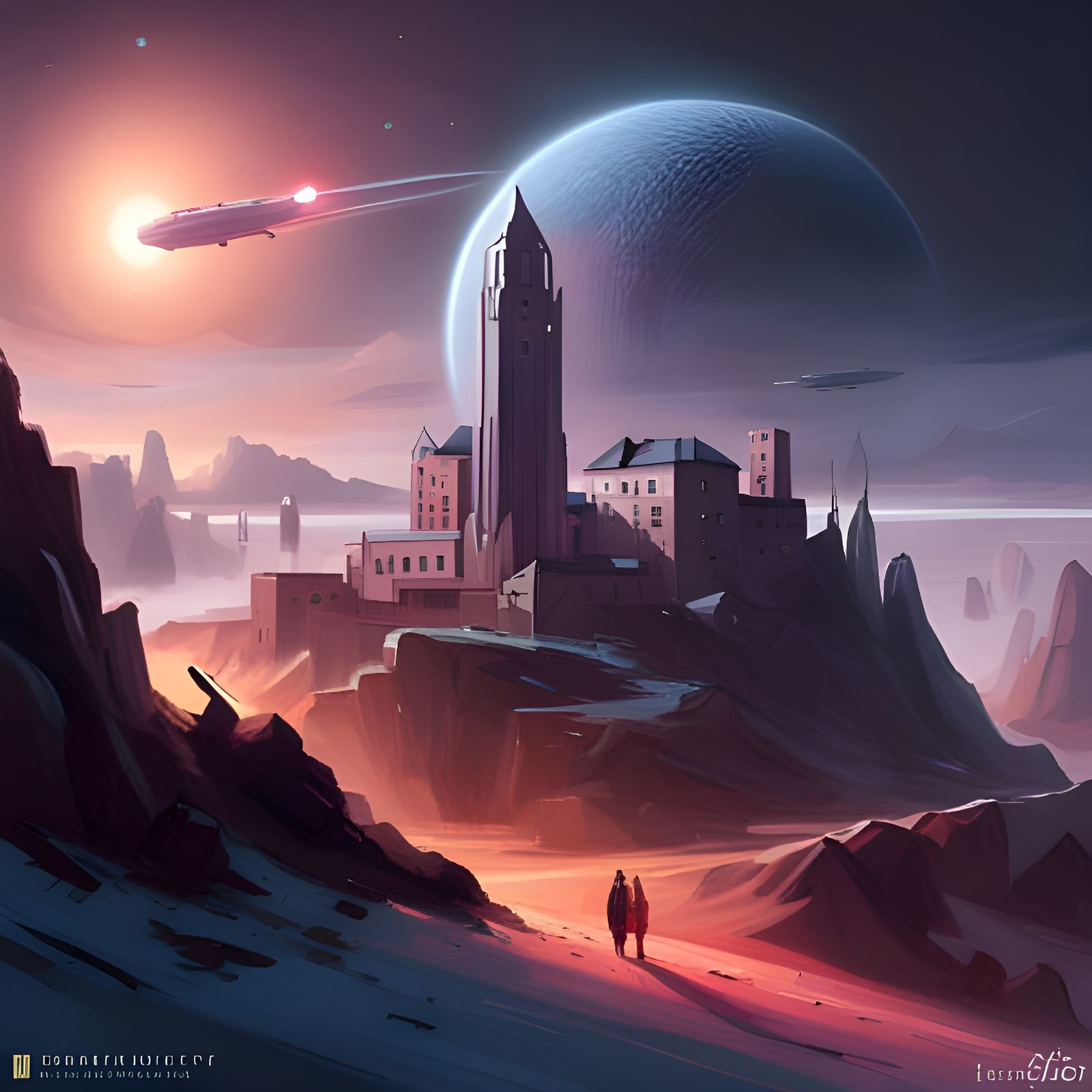 Science Fiction Spaceship Over Planet in Hyperrealism Style