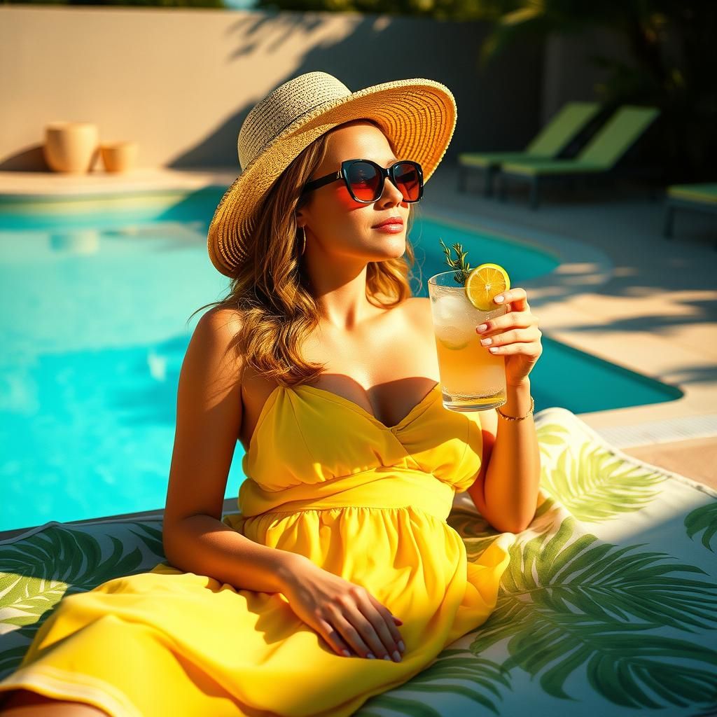 Woman Lounging by Pool in Summer Film Style