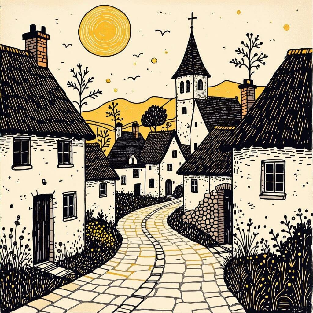 Abstract Ink Drawing of Village in Rothko Style