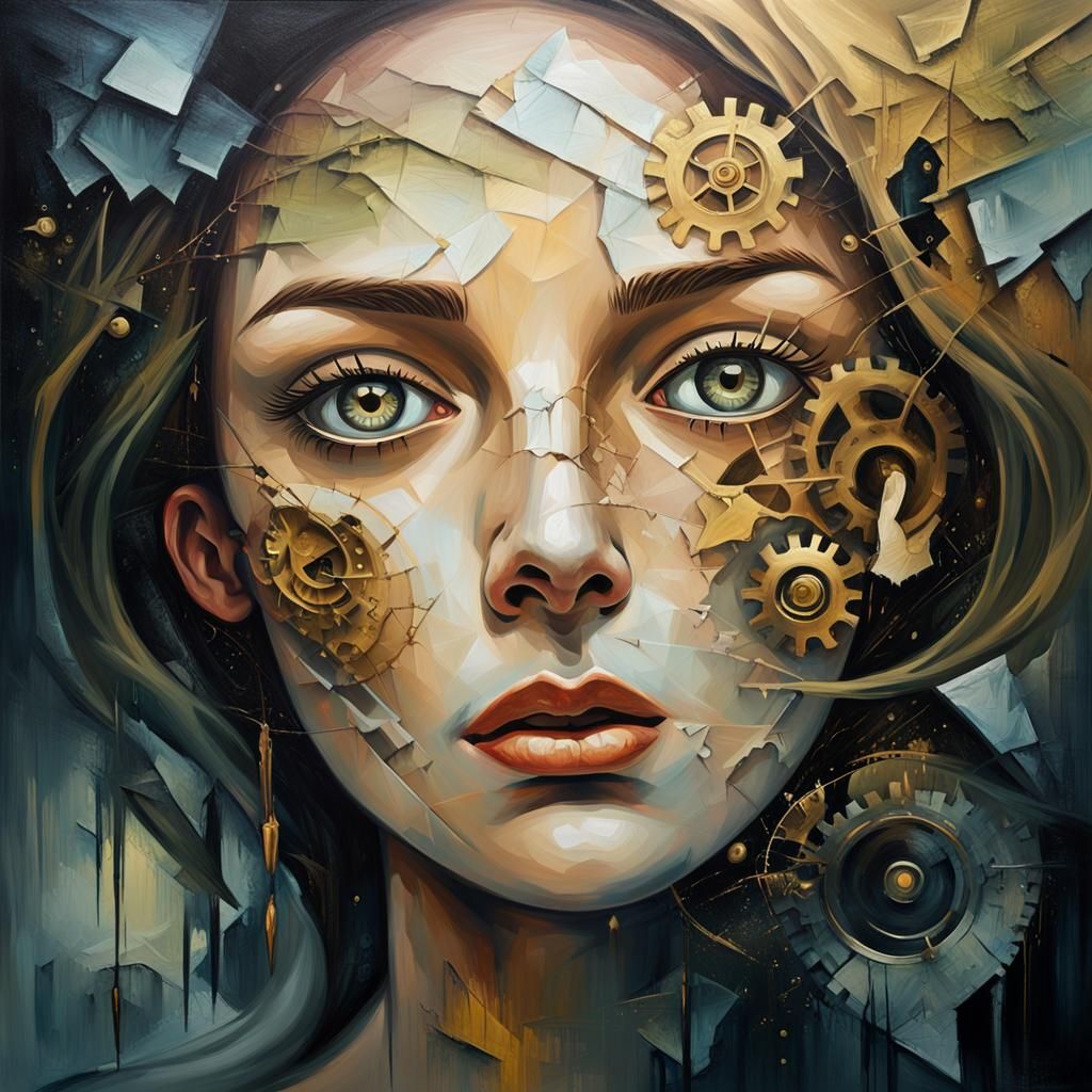 Melancholic Woman in Dreamlike Surrealist Oil Painting
