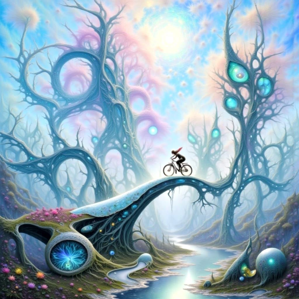 Bizarre Fractal Creatures Riding Bicycle in Fantasy World